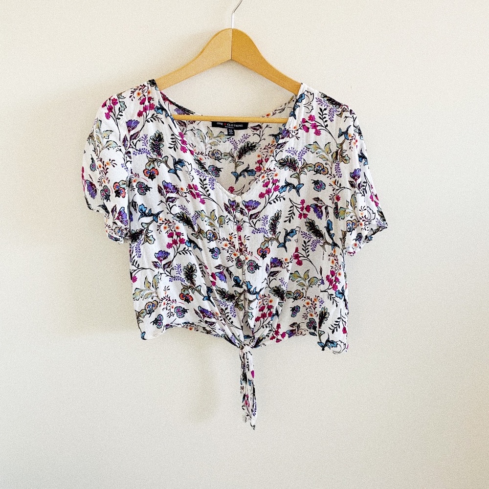 bright floral blouse